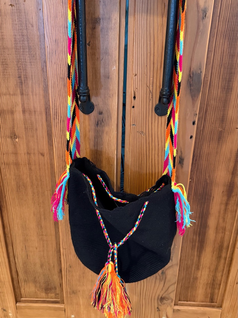Black Woven Crossbody Bag with Multicolor Strap